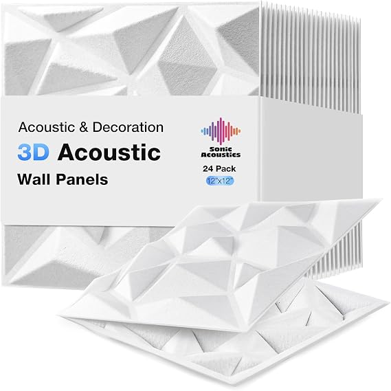 Acoustic 3D Wall Panels,24 Pack Sound Proof Felt Panels for Interior Wall Decor, Hollow Sound Absorbing Panel for Studio, Living Room, Home, Hotel, 12''x12'' Cover 24 sq ft (White, 24 Pack)