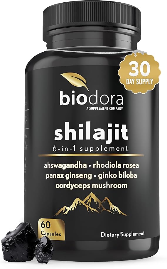 6-in-1 Shilajit Supplement 300mg, Mood and Energy Support Supplement | 600mg Pure Ashwagandha, Rhodiola Rosea Panax Ginseng for Immune Support, Memory and Focus, 85+ Trace Minerals, 60 Capsules