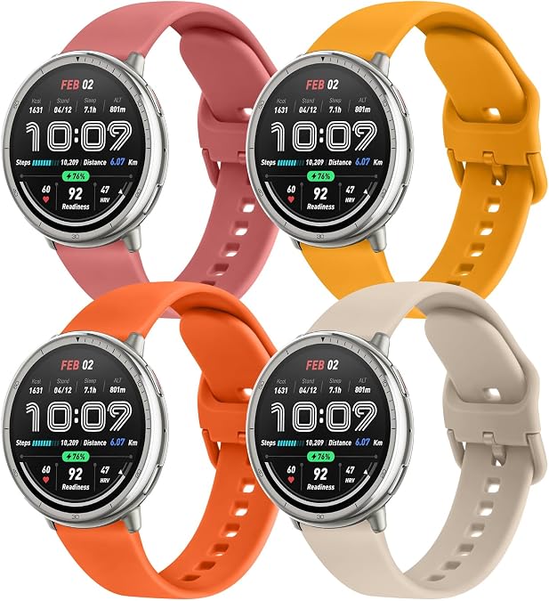 AK 4Pack Bands Compatible with Amazfit Active 2 / Active Watch Band Women Men, Soft Replacement Strap for Amazfit GTS 4 3 2 2e/GTS 4 2 Mini/GTR mini/Bip 3/3 Pro/Bip U Pro/Bip S Lite