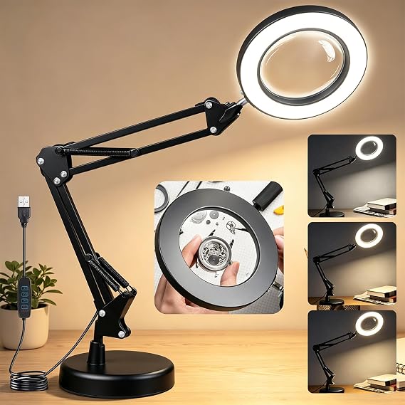 10X Magnifying Glass with Light and Stand, LED Desk Magnifying Lamp, Lighted Magnifier Hands Free, 3 Color Modes Stepless Dimmable, Magnifying Glass Desk Lamp for Reading, Work, Craft-Black