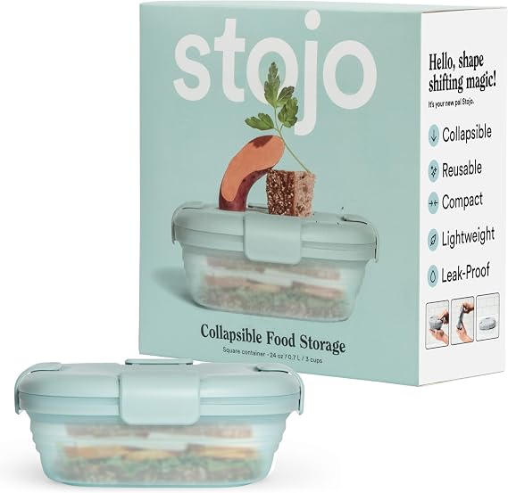 STOJO Collapsible Sandwich Box 24oz, Reusable Food Storage Container, Silicone Bowl for Hot/Cold Food Meal Prep, Lunch, Camping, Hiking Dishwasher Safe (Translucent Aquamarine, Set of 1)