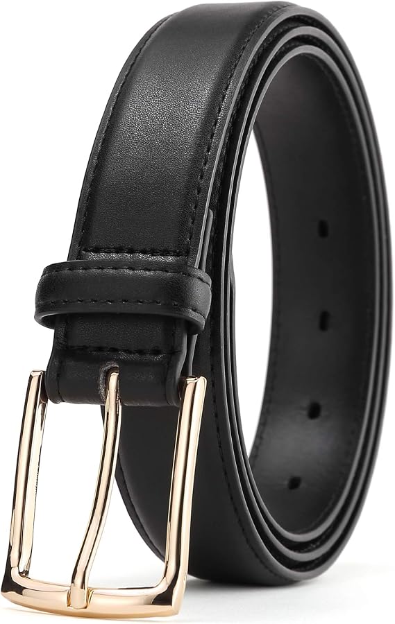 Women Dress Belt Black Leather Belts for Jeans Golden buckle (Black1, 28-30)