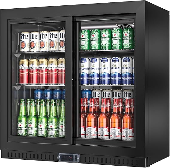 Rockit 220L Back Bar Fridge with Double Glass Sliding Door, Commercial Back Bar Drinks Cooler with LED Light for Bar, Home, Shop [Energy Class B]