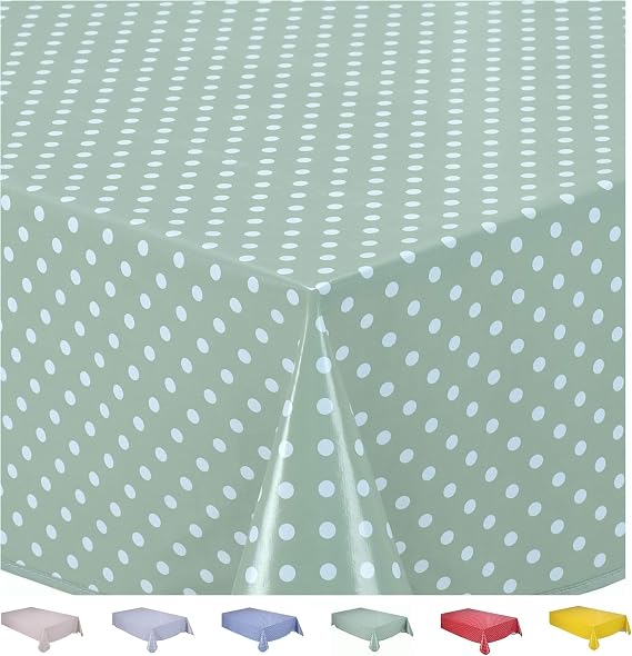Home Direct Rectangular Oilcloth PVC Wipe Clean Tablecloth 140cm x 200cm 55x78 Small Polka Dot Sage Green