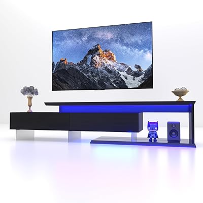 Extendable TV Stand for 55 to 100 Inch TVs, Modern Entertainment Center with LED Light String & 2 Pull-Down Doors, Adjustable Width TV Console Table with Storage for Living Room, Bedroom, Black