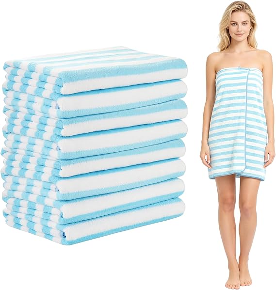 Rainmae 8 Pack Microfiber Beach Towels 27x55 Inch Stripe Quick Dry Lightweight Bath Towels, Soft Absorbent Oversized Travel Towels for Beach Pool Gym Camping Swim (Blue & White)