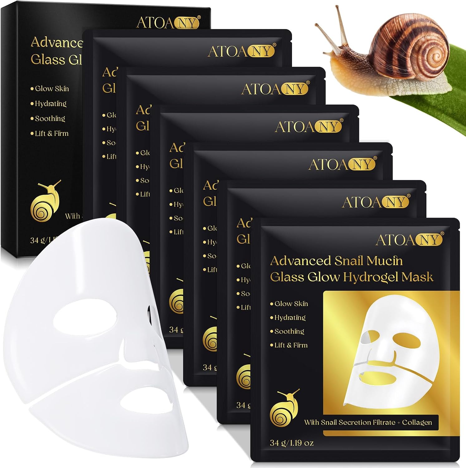 Snail Mucin Mask - 6 Pack Deep Hydrating Overnight Natural Snail Mucin Serum Glass Glow Hydrogel Moisturizing Daily Treatment Face Masks with Hyaluronic Acid for Dry, Sensitive Skin, All Skin Type