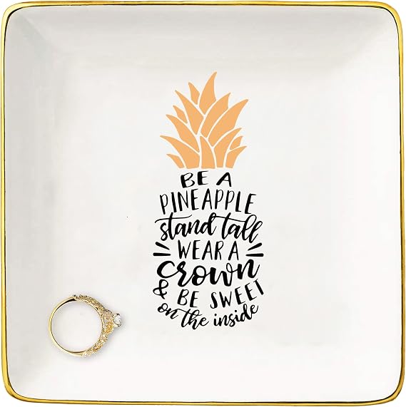 Be a Pineapple Stand Tall Wear a Crown Ceramic Jewelry Holder Box Ring Dish Trinket Tray Tropical Inspirational Gifts For Women Teen - Birthday Christmas Gifts for Women,Best Friends,Bestie