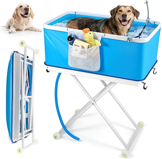 Foldable Dog Tubs for Bathing with Wheels for Large Dogs Max 90lbs | Portable Dog Battub with Quick Drainage, Adjustable Height 0-26.8inches, Comfortable Bathing, Easy Storage, Indoor & Outdoor