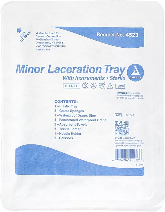 Dynarex Minor Laceration Trays with Instruments - Compact & Sterile - Tray, Gauze Sponges, Drape, Needle Holder, Towels, Forceps, Scissors - 1 Tray | Disposable Single Use, Includes Gauze Sponges, Waterproof Drapes, Needle Holder And Scissors, Tyvek Lid, For ER And Clinics