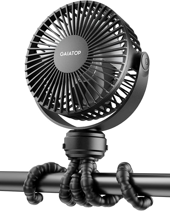 Gaiatop Mini Portable Stroller Fan, Small Clip on Fan 3 Speed Rechargeable | 360 Rotate Flexible Tripod, Battery Operated Detachable, Cooling for Car Seat Crib Treadmill Travel Black