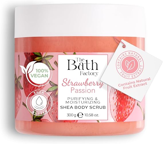 The Bath Factory Exfoliating Body Scrub, Shea Butter with Jojoba Oil, Paste, All Skin Types, Unisex, Strawberry Scent, Vegan, 10.5 Fl Oz, Alcohol Free