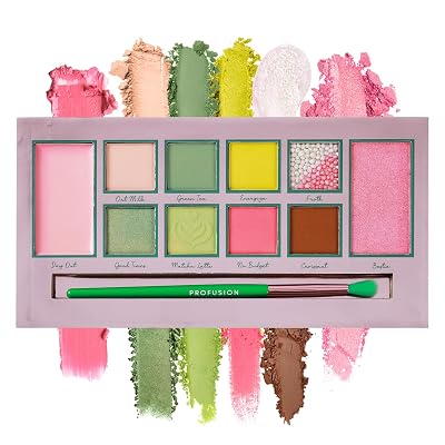 Profusion Cosmetics Matcha Break 10 Shade Eye and Face Palette with Brush, Multi Finish Palette to Achieve Eye Catching Bold Looks