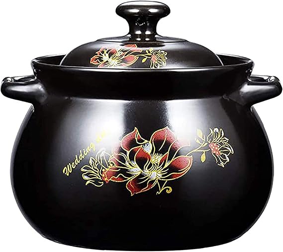 Clay Cooking Pots, Round Casserole Dish with Lid, Clay Pots for Cooking, Stockpot for Stew, Soup, Steam,Black,5.5L