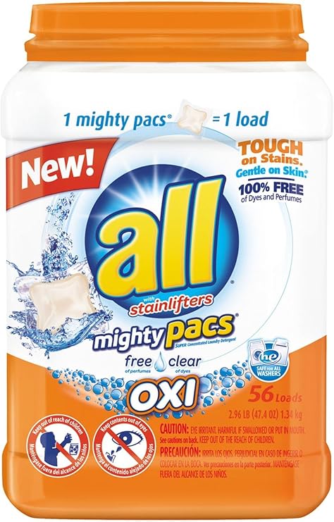 All Mighty Pacs Laundry Detergent with OXI Stain Removers and Whiteners, Free Clear, Pouch, 56 Count