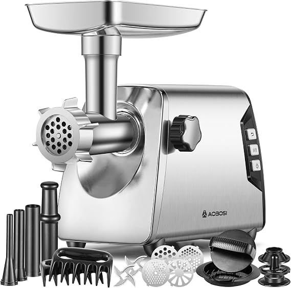 AAOBOSI #12 Meat Grinder, [3000W] 3 Speed Meat Grinder Heavy Duty: Built-in Storage Box, 2 Blades,4 Plates,3 Sausage Stuffers,Kibbe Kit,Meat Claw & Burger Press, for Home & Kitchen Use