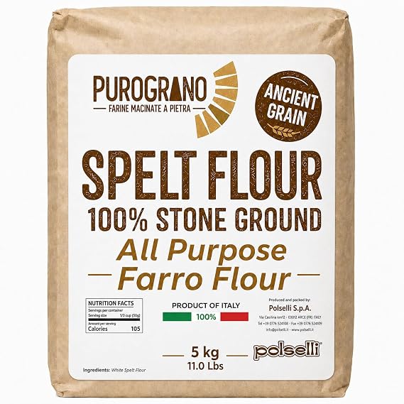 POLSELLI PuroGrano, Spelt Farro Flour, 100% Stone Ground, Whole Grain, 5 kg