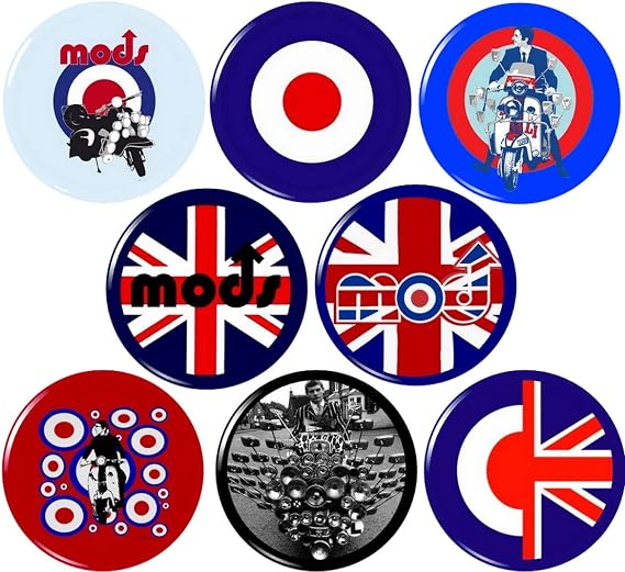 Mod Style 8 NEW 1" inch (25mm) buttons pins badges skinhead scooter boy england symbol hip ...