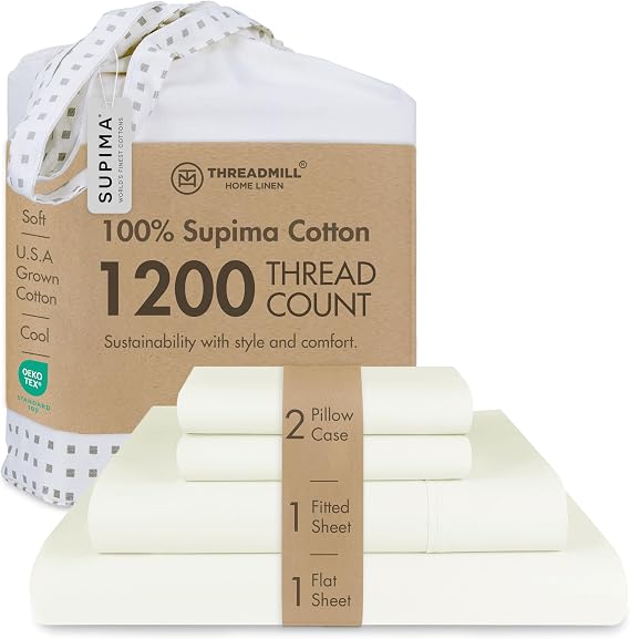 Threadmill 1200 Thread Count Supima Cotton King Sheet Set, Sateen, Ivory