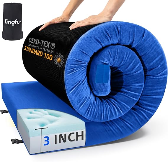 Kingfun 3 Inch CertiPUR-US Memory Foam Camping Mattress Pad, Waterproof Roll up Sleeping Pad, Thick Floor Sleeping Mats for Tent with Removable Travel Bag