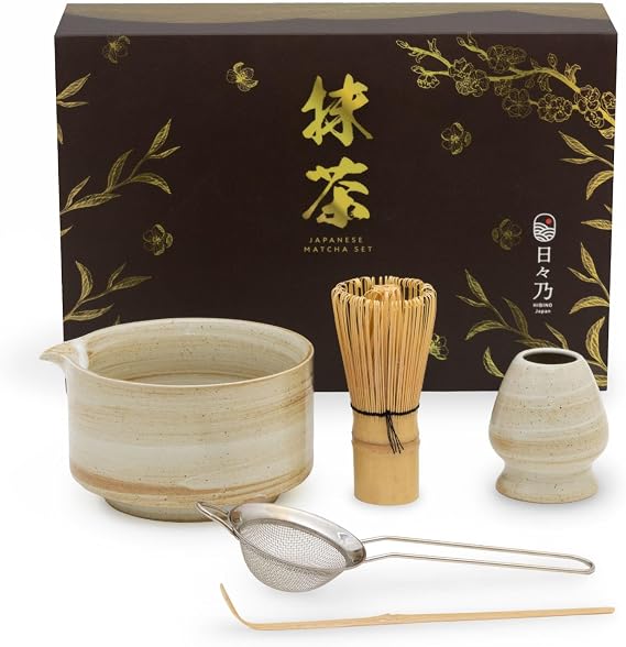Japanese Matcha Set | Matcha Bowl with Spout | Whisk & Holder | Bamboo Scoop & Stainless Sifter | 5-Piece Traditional Matcha Kit | Designed in Japan |Rustic Beige