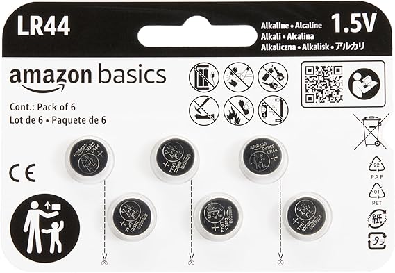 Amazon Basics 6-Pack LR44 Alkaline Button Cell Replacement Battery, 1.5 Volt, Long Lasting Power, Mercury-Free
