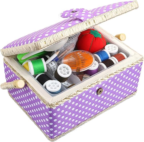 Sewing Basket with Accessories Sewing Kit Storage Organizer with Tools | Wooden Sewing Box with Removable Tray Tomato Pincushion for Mending - Purple
