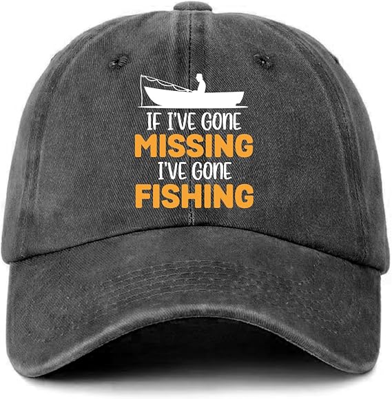 Funny Fishing Hats If I've Gone Missing I've Gone Fishing Printed Cotton Adjustable Baseball Caps Men's Distressed Black Baseball Hats Trendy Retirement Gifts for Men Dad Grandpa Husband