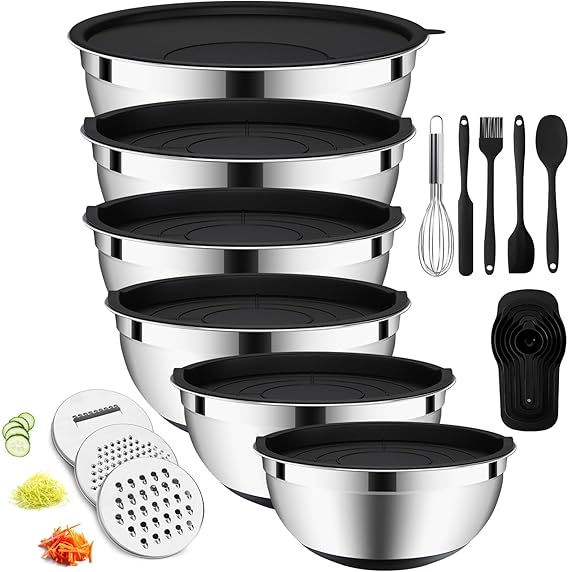 ENVTEK Mixing Bowls Set with Airtight Lids,Non-Slip Silicone Bottoms, Black