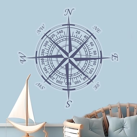 Nautical Compass Wall Decal | Bedroom Decor for Baby Boy & Girl | Party Decorations | Nursery | Multiple Size Options (Wide 22"x 22" Height)