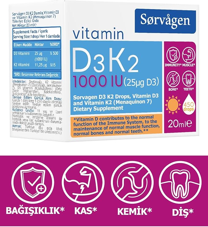 Sorvagen Vitamin D3k2 Damla 20 Ml (1000 Iu)
