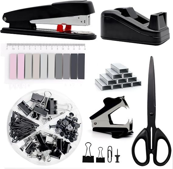 Black Office Supplies Black Desk Accessories Stapler and Tape Dispenser Set for Large Stapler Tape Dispenser Staple Remover Staples Clips Scissors and Tabs