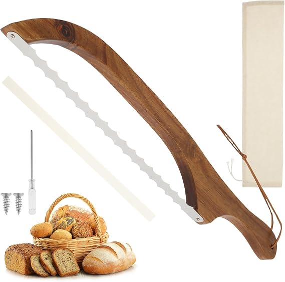 Bread Bow Knife for Sourdough, Serrated Bread Bow with Acacia Wood Handle | Sourdough Knife with Blade Guard, Stainless Steel Blade, Left & Right Handed Bow Slicer for Homemade Loaf Bagel Cake & Fruit