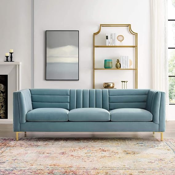 Modway EEI-3454-LBU Ingenuity Channel Tufted Performance Velvet Sofa, Light Blue