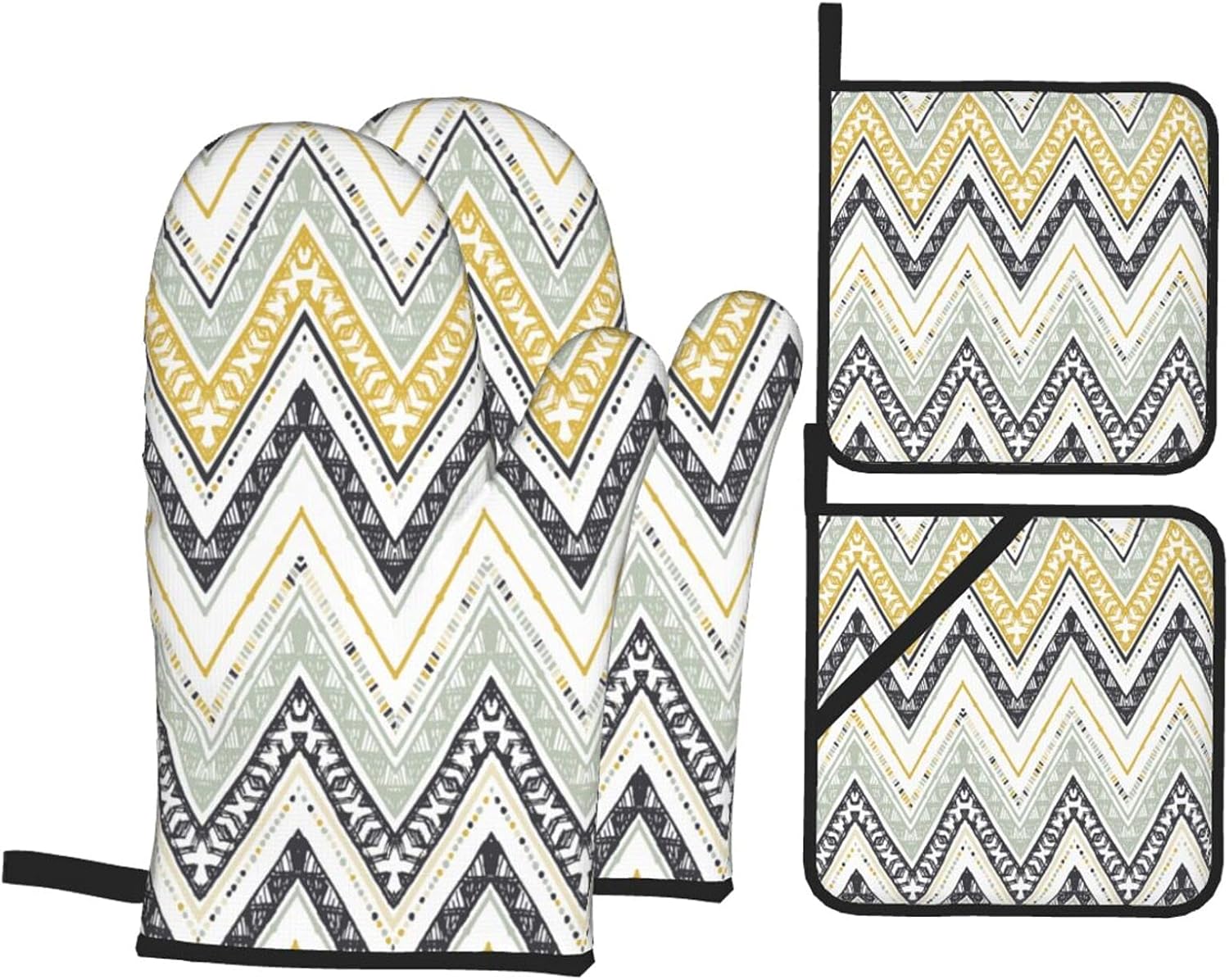 Oven Mitts and Pot Holders 4pcs Set, Zigzag Retro Chevron Geometric Decor,Non-Slip Heat Resistant Baking Gloves for Kitchen, Cooking, BBQ, Grilling