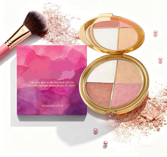Highlighting Eye & Cheek Palette, 4-In-1 Highlight Shades Makeup for Blush, Long Lasting Contour Illuminator for Face Highlighter Palette for Women (A)