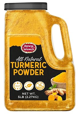 Spicy World Turmeric Powder 5 LB Jar Gluten Free, Bulk Turmeric with Curcumin, Ground Haldi Spice for Cooking, Pure Curcuma Longa, Non-GMO