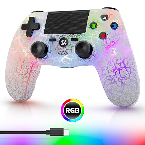 Wireless Controller for PS4, LED Backlit Controller for PS4/Pr/Slim, 1000mAh Battery, Double Shock 6-Axis Motion Sensor, Built-in Speaker & 3.5mm Headphone Jack, Adjustable RGB Backlight, White
