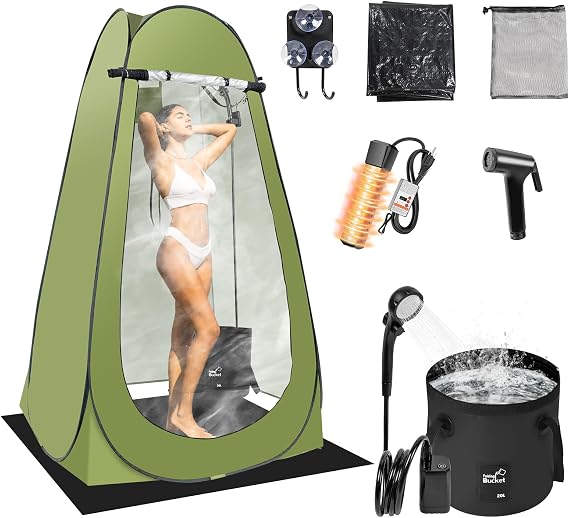 Portable Hot Shower Tent for Camping,Pop Up Privacy Tent with Rechargeable Camping Shower with 2000w Immersion Water Heater
