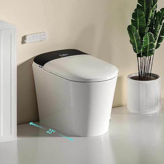 Smart Compact Toilet for Small Bathroom, 23" Depth Shallow Toilet with Foam Shield Auto Open/Close Lid, 12" Rough In, Built-in Tank, Heated Seat Foot-Kick Flush One-Piece (ZY695A Mini)