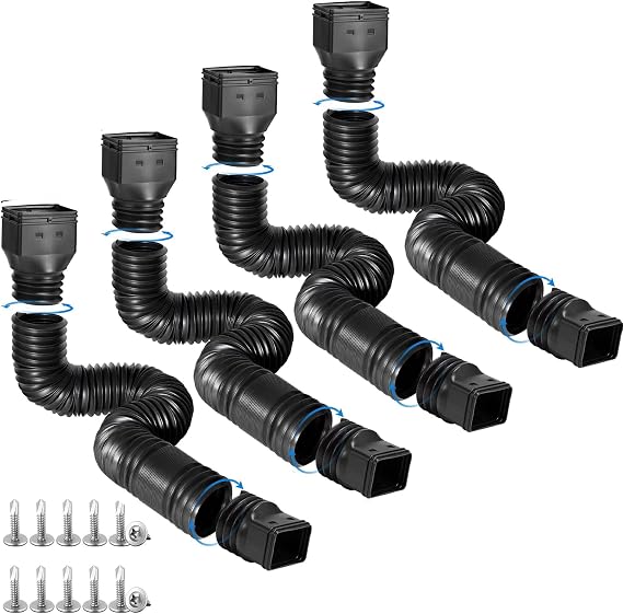 plusgutter 4 Pack Rain Gutter Downspout Extensions Flexible, Drain Downspout Extender,Down Spout Drain Extender, Gutter Connector Rainwater Drainage,Extendable from 21 to 68 Inches(Black)