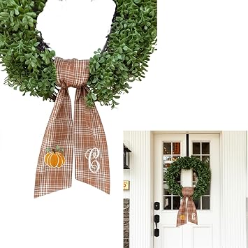 Autumn Door Wreath Sash Embroidered with White Letters and Pumpkins On A Plaid Wreath Sash Ideal for Housewarming Gifts, Autumn Thanksgiving, Halloween, and Christmas Porch Decorations -C