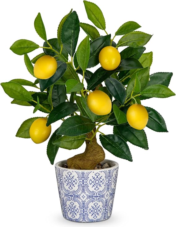 Artificial Potted Plants, 15.7 inches Small Fake Lemon Tree Artificial Lemons Citrus Tree with Blue and White Pot Faux Potted Plants Indoor Lemon Decorations for Home, Office, Living Room Table, Desk