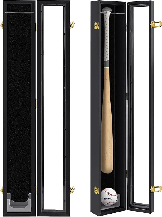 Baseball Bat Display Case Wall Mounted Vertical or Horizontal Wooden Frame w/98% UV Protection-Lock with Acrylic Single bat Transparent Door Holder Rack Cabinet Shadow Box-Single bat Black...