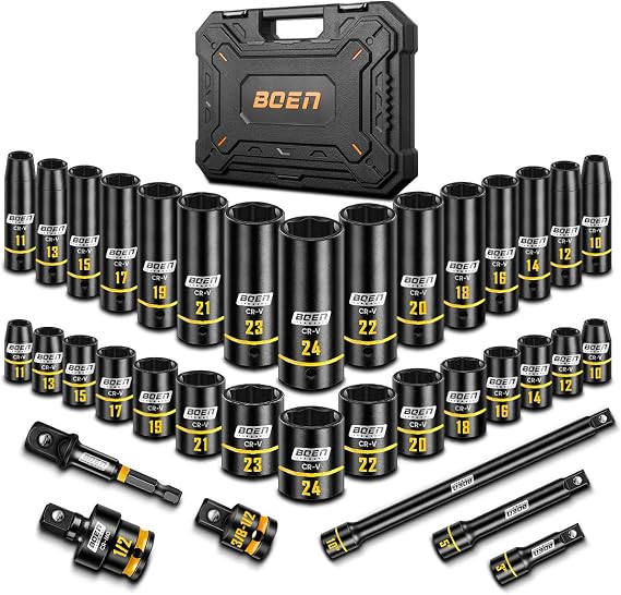 boen 1/2" Drive Impact Socket Set, 36PCS Metric (10-24mm) Deep & Shallow Sockets, 6 Point Design, with Extension Bars, Adapters, Universal Joint, Yellow Embossed Marking