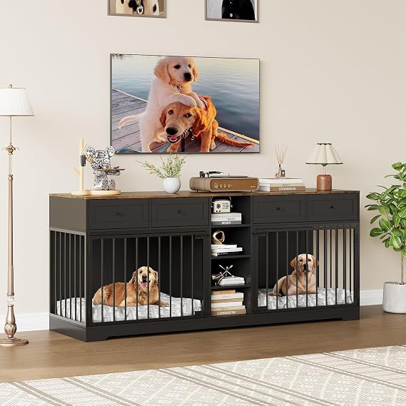 82" Large Dog Crate Furniture for 2 Dogs, Double Dog Crate with 4 Drawers and 4 Shelves, Wooden Dogs Kennel Furniture Large Breed, Indoor Pet Cage TV Stand with Divider, Black