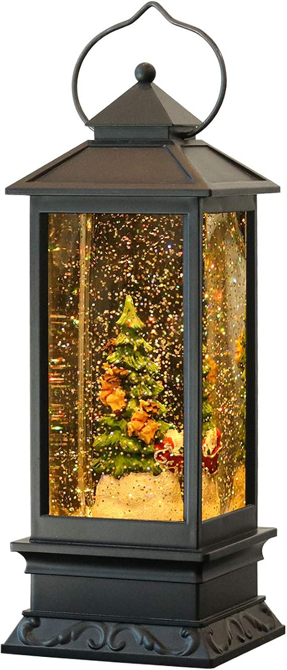 Wondise Lighted Musical Snow Globe Lantern with 6 Hour Timer, 12 Inches USB Powered & Battery Operated Spinning Water and Swirling Glitter Christmas Snow Globe Lantern Gifts(Santa and Tree)