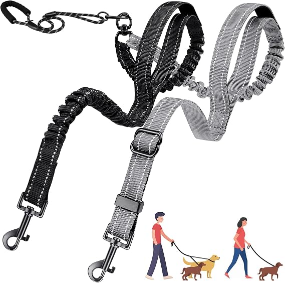 AUTOWT Double Leash for Two Dogs, No Tangle 360 Swivel Dual Dog Leashes with 4 Handles, Super Lightweight for Puppy, Reflective Adjustable Strap and Shock Absorbing Bungee