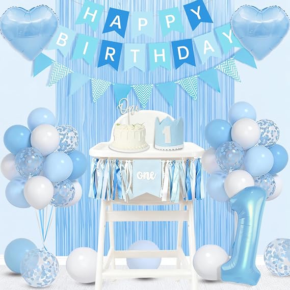 First Birthday Decorations for Boy, 1st Birthday Decorations Boy with High Chair Banner, Number 1 Balloon Cake Topper Crown Banner For Baby First Birthdays Decoration