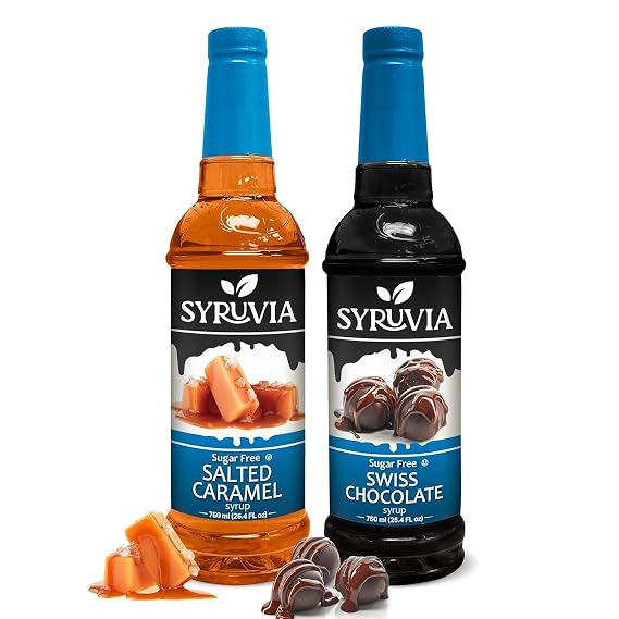 Syruvia Sugar-Free Salted Caramel & Sugar-Free Swiss Chocolate Coffee Syrup - 25.4 fl oz Premium Coffee Flavoring Syrup. 0 Calories, Kosher, and Gluten-Free. Ideal for Drinks, Desserts, and More.